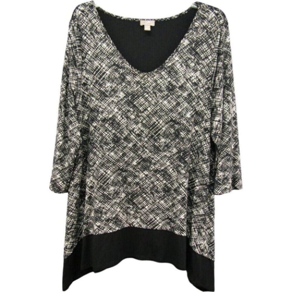 J Jill Wearever Collection Black White Tunic Top Size L Petite Stretch 3/4 Slv